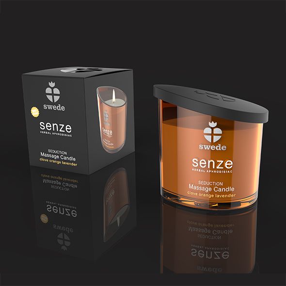 Candela da massaggio e confezione. Scritta: swede, senze, Seduction, Massage Candle, Clove Orange Lavender. Confezione nera.