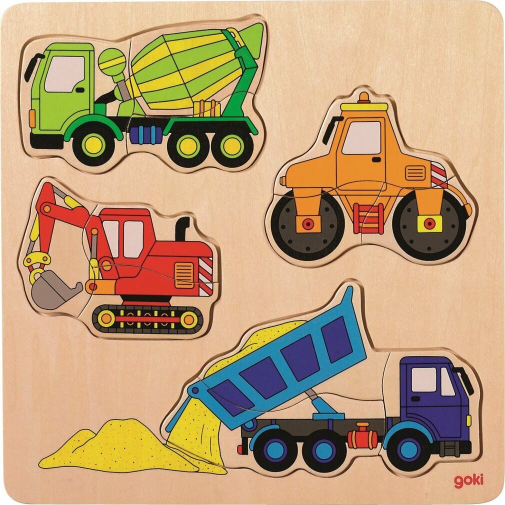 Puzzle in legno con quattro veicoli: betoniera, rullo compressore, escavatore e dumper. Logo Goki in basso a destra.