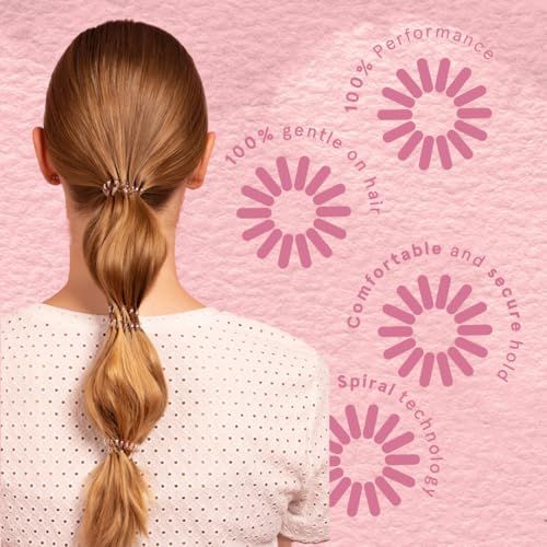 Capelli legati con tre elastici marroni a spirale. Scritta: 100% delicato sui capelli.