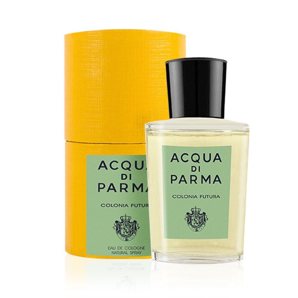 Confezione e flacone gialli. Scritta: Acqua Di Parma Colonia Futura. Etichetta verde con stemma. Flacone con tappo nero.