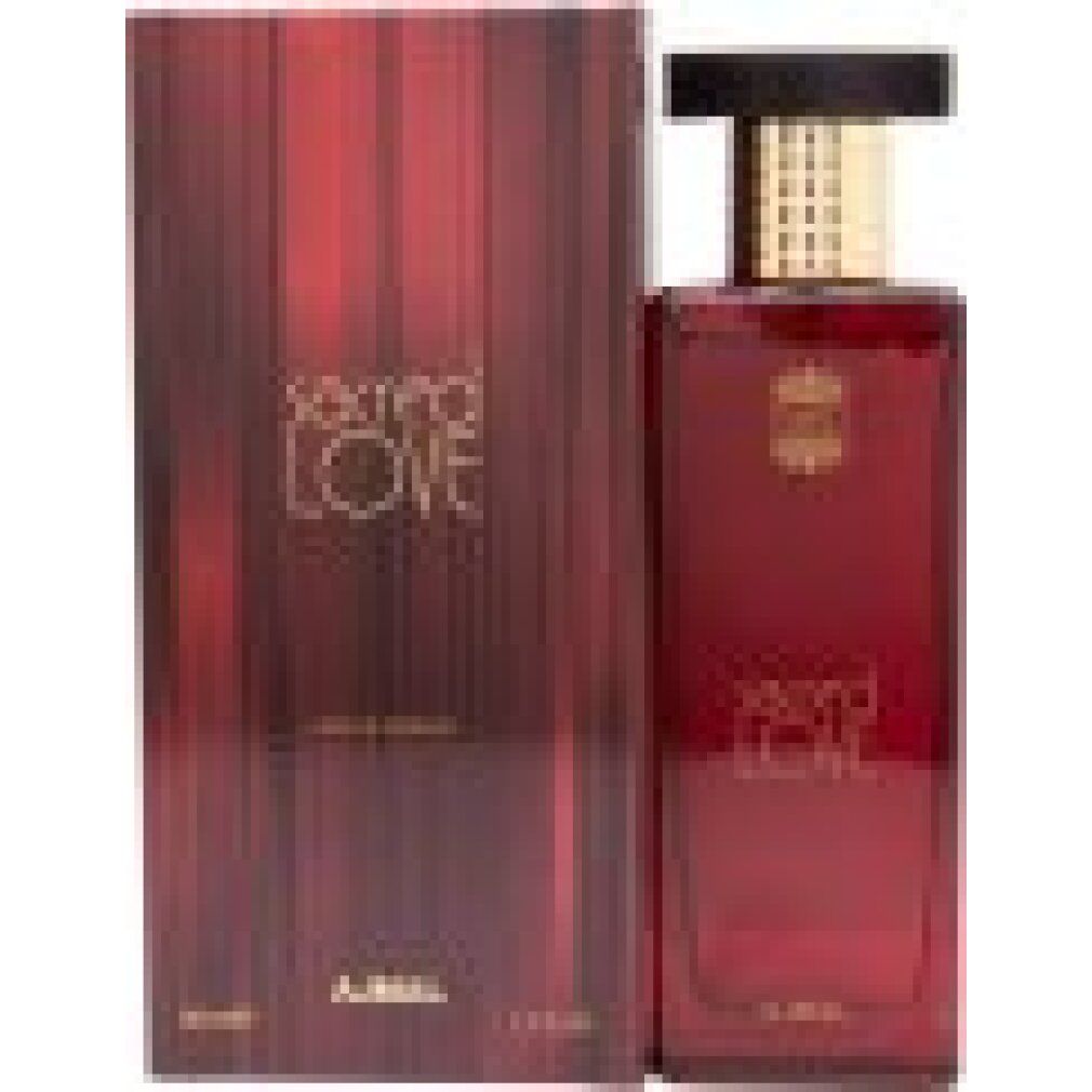 Flacone rosso e confezione. Scritta "sacred LOVE" e "AJMAL".