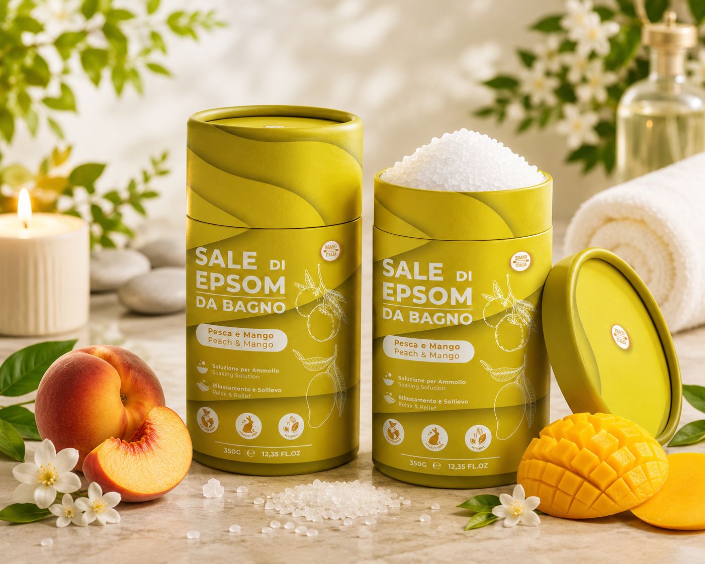 Due tubi di sali di Epsom al profumo di pesca e mango. Un tubo è aperto e mostra il sale. Pezzi di pesca e mango sono vicini.