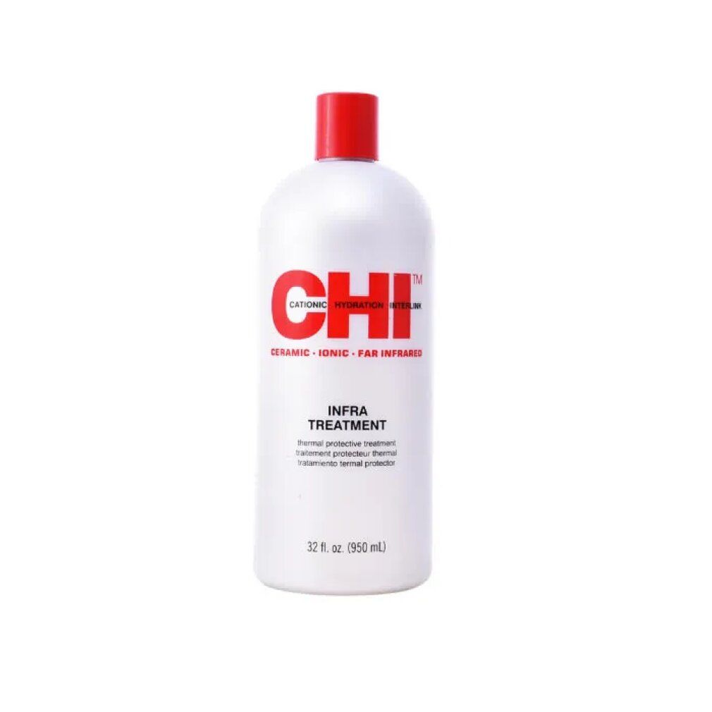 Flacone bianco, tappo rosso. Scritta CHI rossa e nome del prodotto. Testo: Infra Treatment, 32 fl. oz. (950 ml).