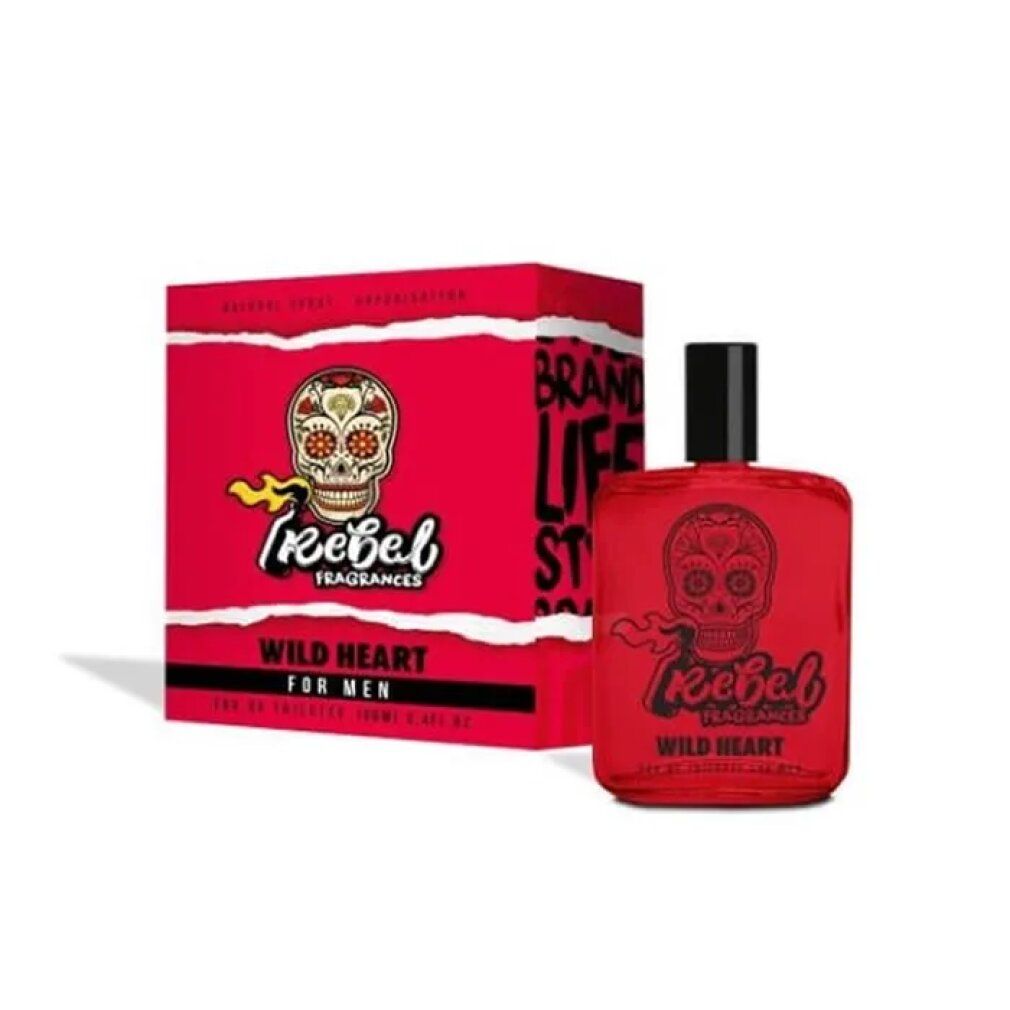 Flacone rosso con tappo nero e confezione rossa. Stampa: teschio, "Rebel Fragrances", "Wild Heart for Men".