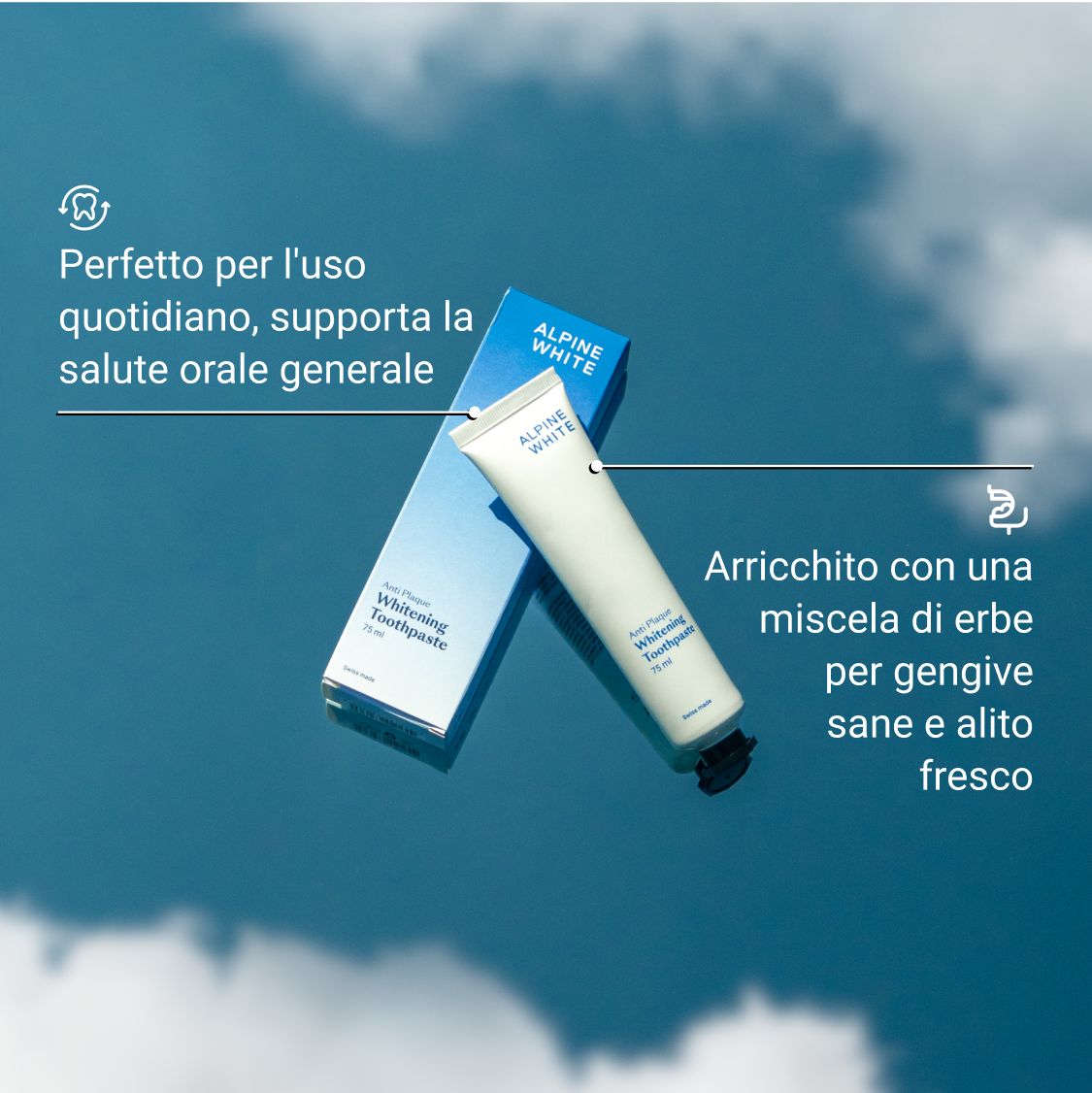 Dentifricio e scatola. Testo: ALPINE WHITE, Whitening Toothpaste. Testo: Perfetto per l'uso quotidiano, supporta la salute orale generale.