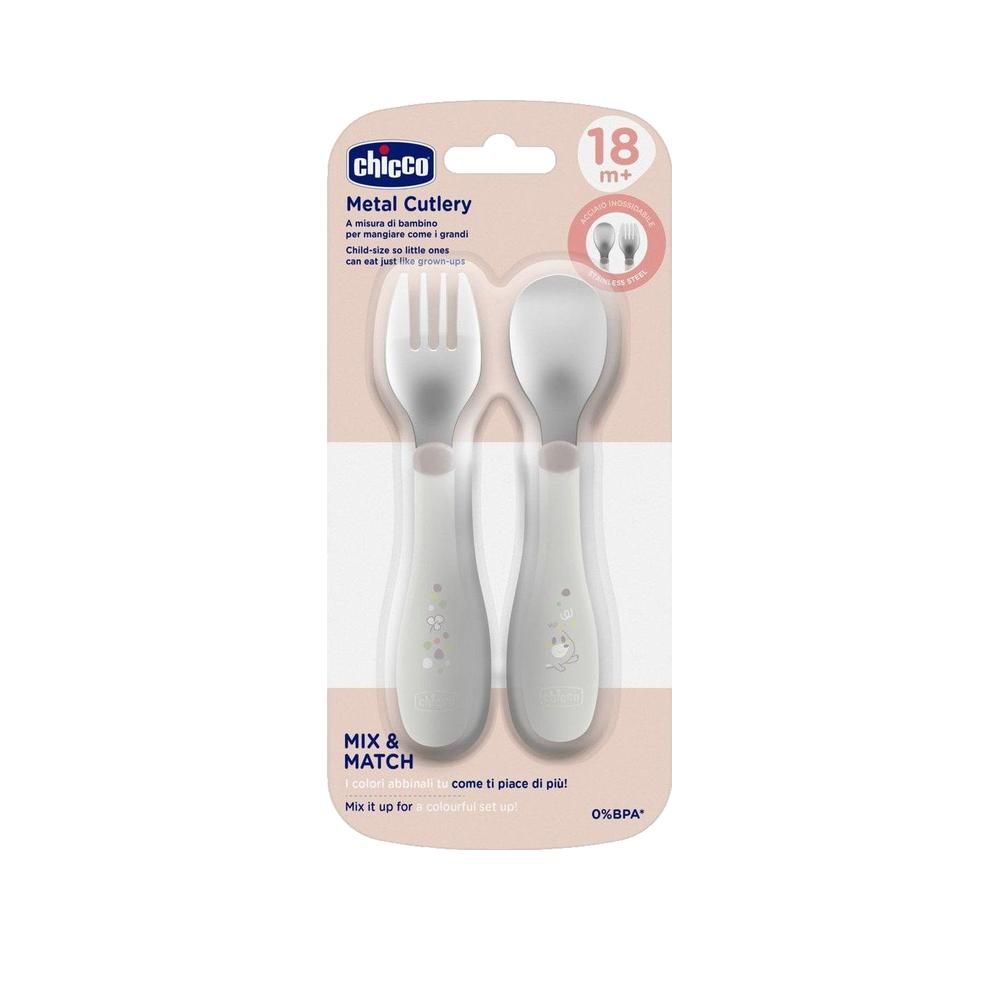 Chicco posate per bambini, grigio, da 18 mesi. Forchetta e cucchiaio. Manici grigio chiaro, motivi floreali. Acciaio inox.