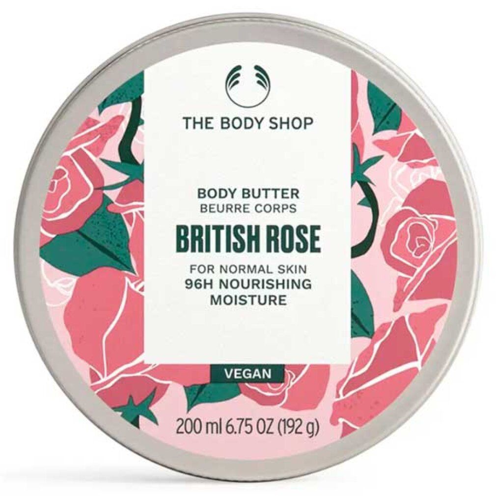Barattolo rotondo con motivo floreale e informazioni sul prodotto. Scritta: British Rose Body Butter, vegano, 200 ml.
