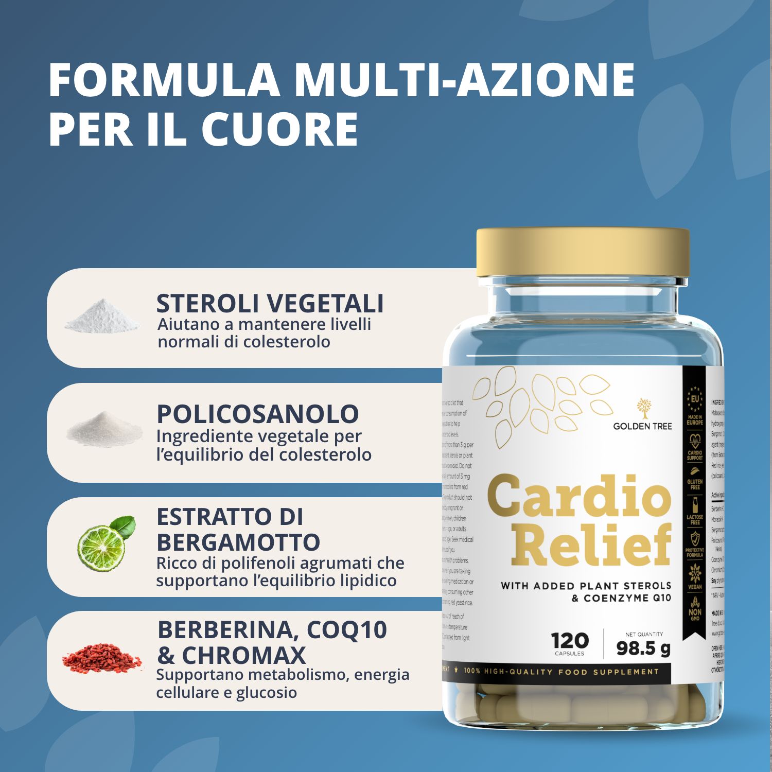 Flacone di Golden Tree Cardio Relief con informazioni sulla formula multi-azione per il cuore.