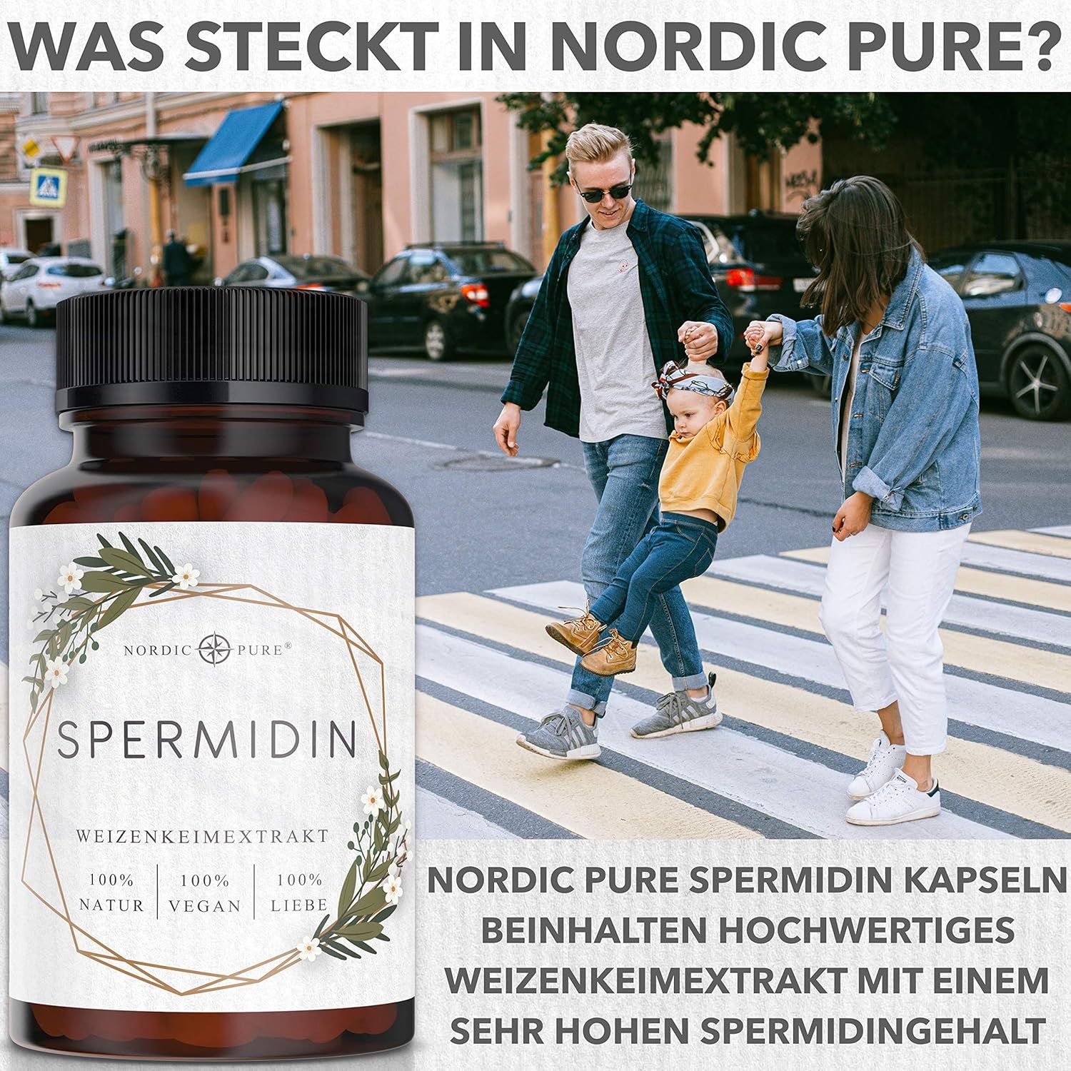 Famiglia per strada. Flacone di capsule di spermidina. Testo: Le capsule di spermidina Nordic Pure contengono estratto di germe di grano di alta qualità.