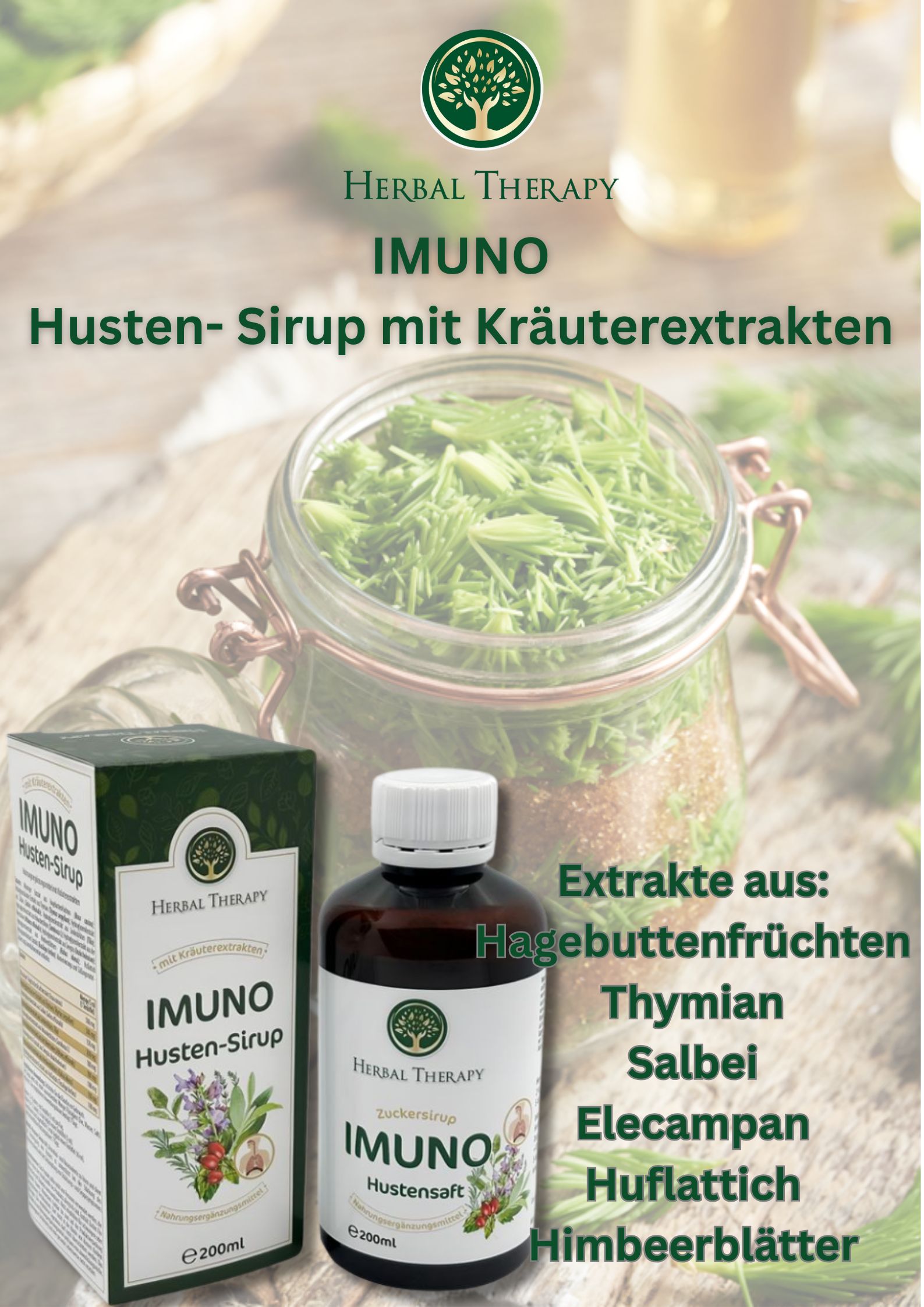 Immagine pubblicitaria con bottiglia e scatola di sciroppo per la tosse. Scritto: IMUNO Husten-Sirup. Estratti di erbe: rosa canina, timo, salvia, enula campana, farfara, lampone.