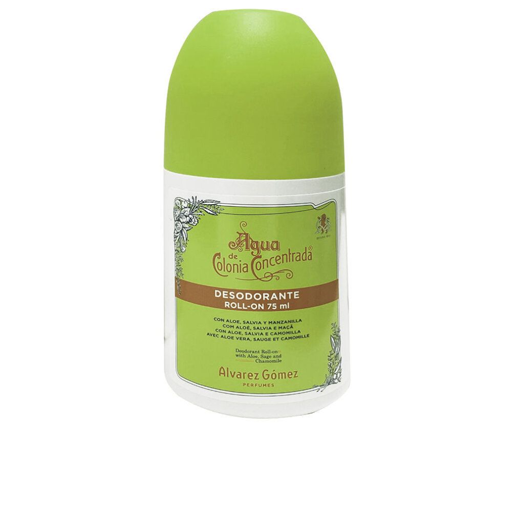 Deodorante roll-on verde e bianco. Scritta: Agua de Colonia Concentrada, Desodorante Roll-On 75 ml. Marchio: Alvarez Gomez.