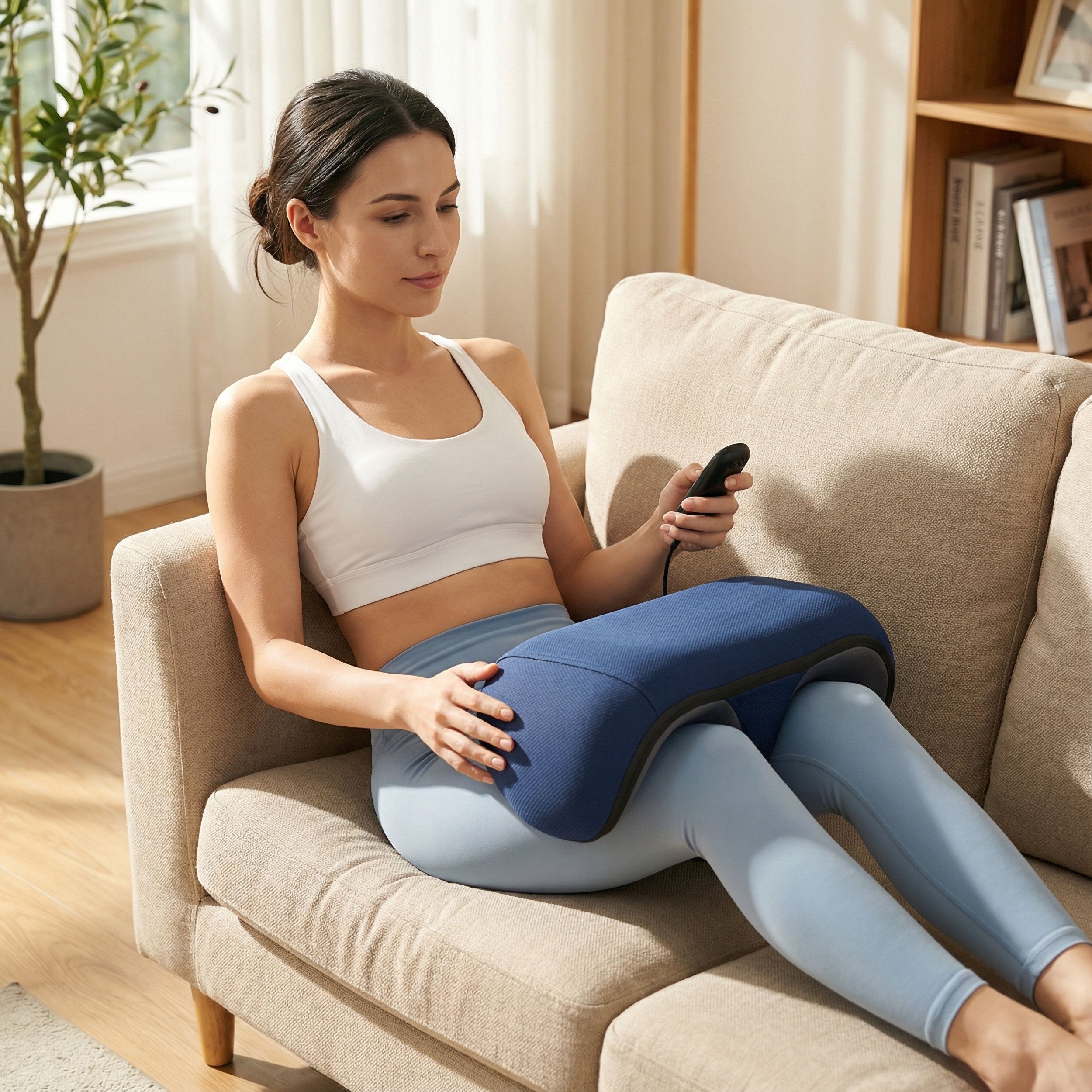 Donna seduta su un divano che utilizza un cuscino per massaggio gambe blu. Tiene un telecomando.