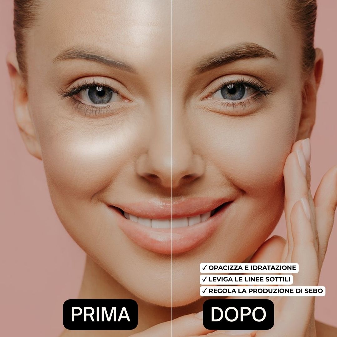 Confronto prima-dopo. Viso di una donna. Testo: Prima, Dopo, Opacizza e idratazione, Leviga le linee sottili, Regola la produzione di sebo.