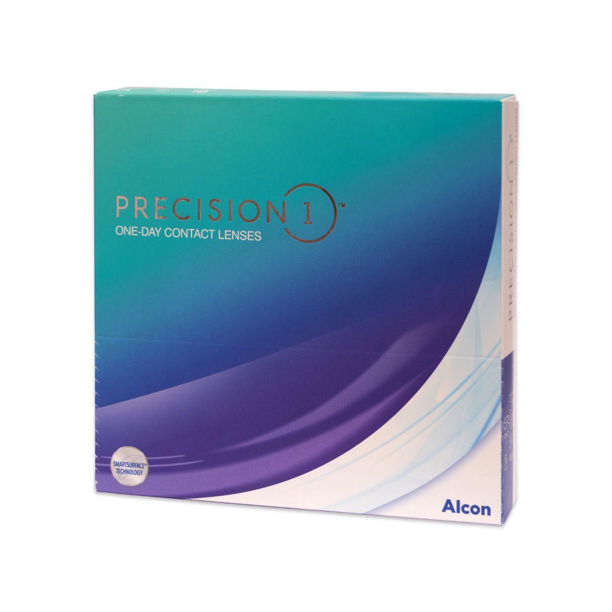 Confezione di lenti a contatto Precision 1. Sfumatura blu-verde con nome del prodotto. Logo Alcon in basso a destra.