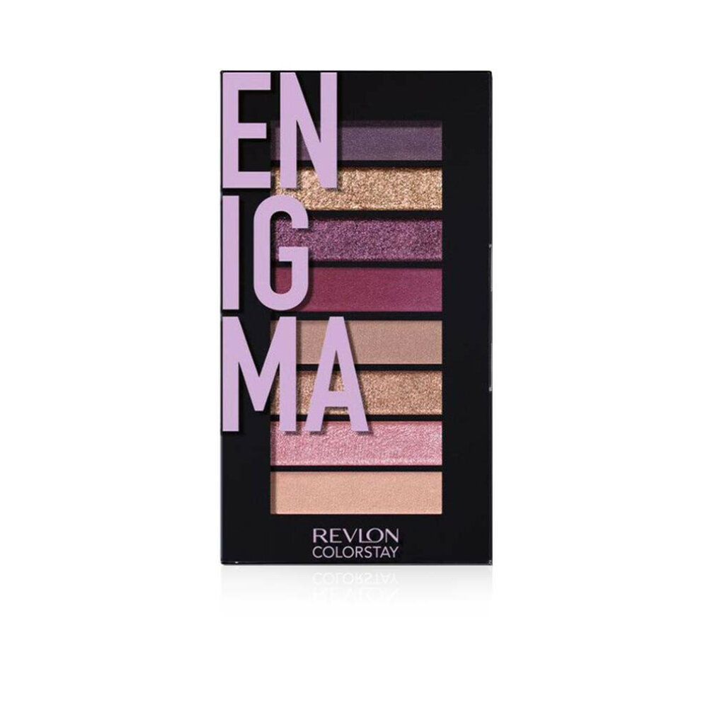 Palette ombretti con 8 tonalità. Confezione nera con scritta viola "ENIGMA". Marchio: Revlon Colorstay.