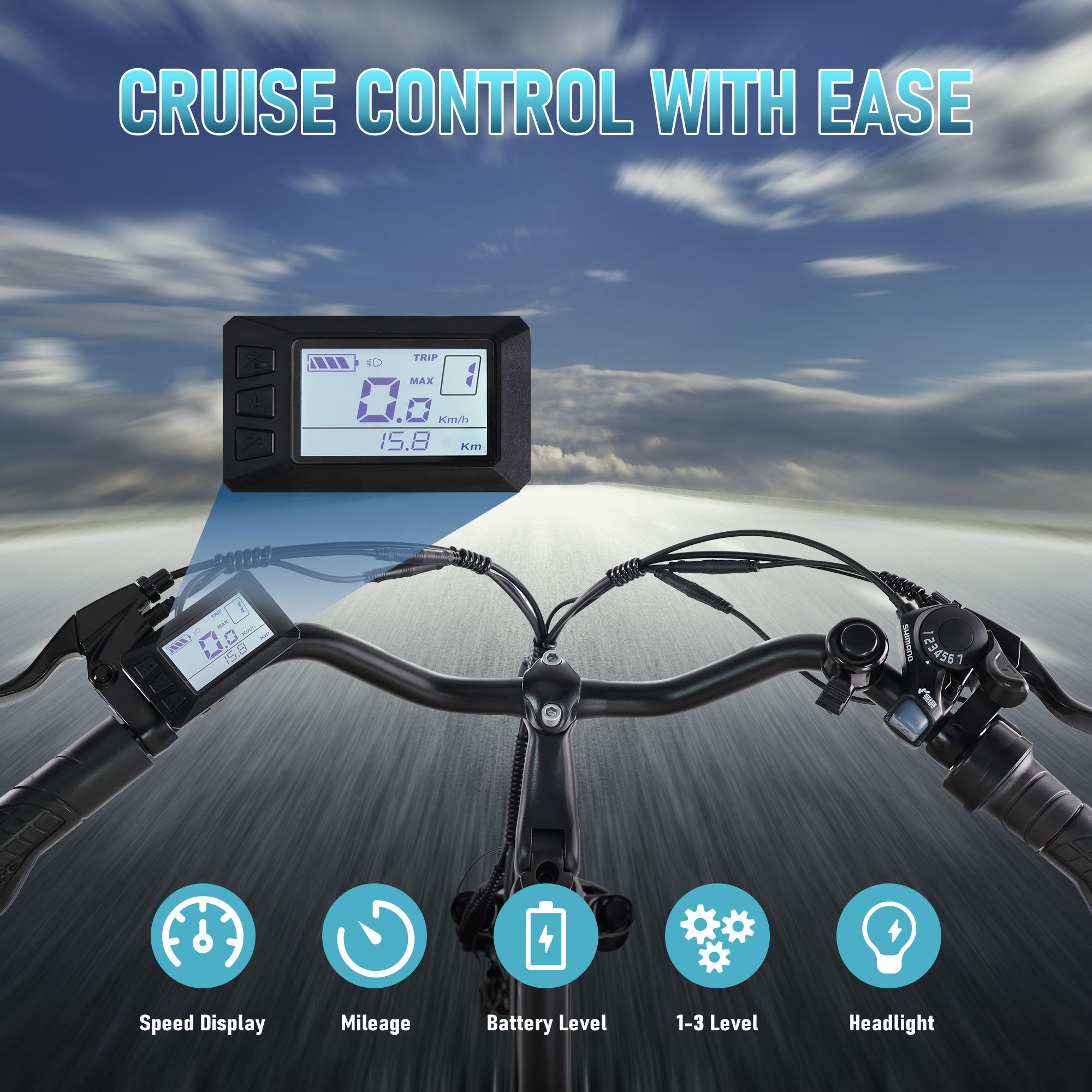 Manubrio della bici con display. Mostra velocità, chilometraggio, livello batteria, 1-3 livelli e fari. Cielo blu sullo sfondo.