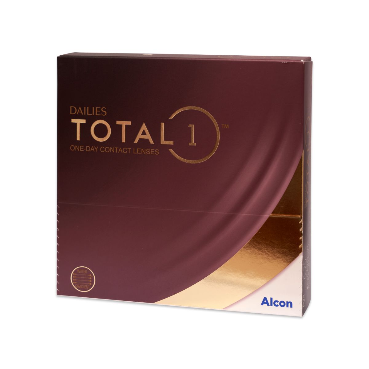 Confezione di lenti a contatto Dailies Total 1. Scatola marrone scuro con nome e logo del prodotto. Logo Alcon in basso a destra.