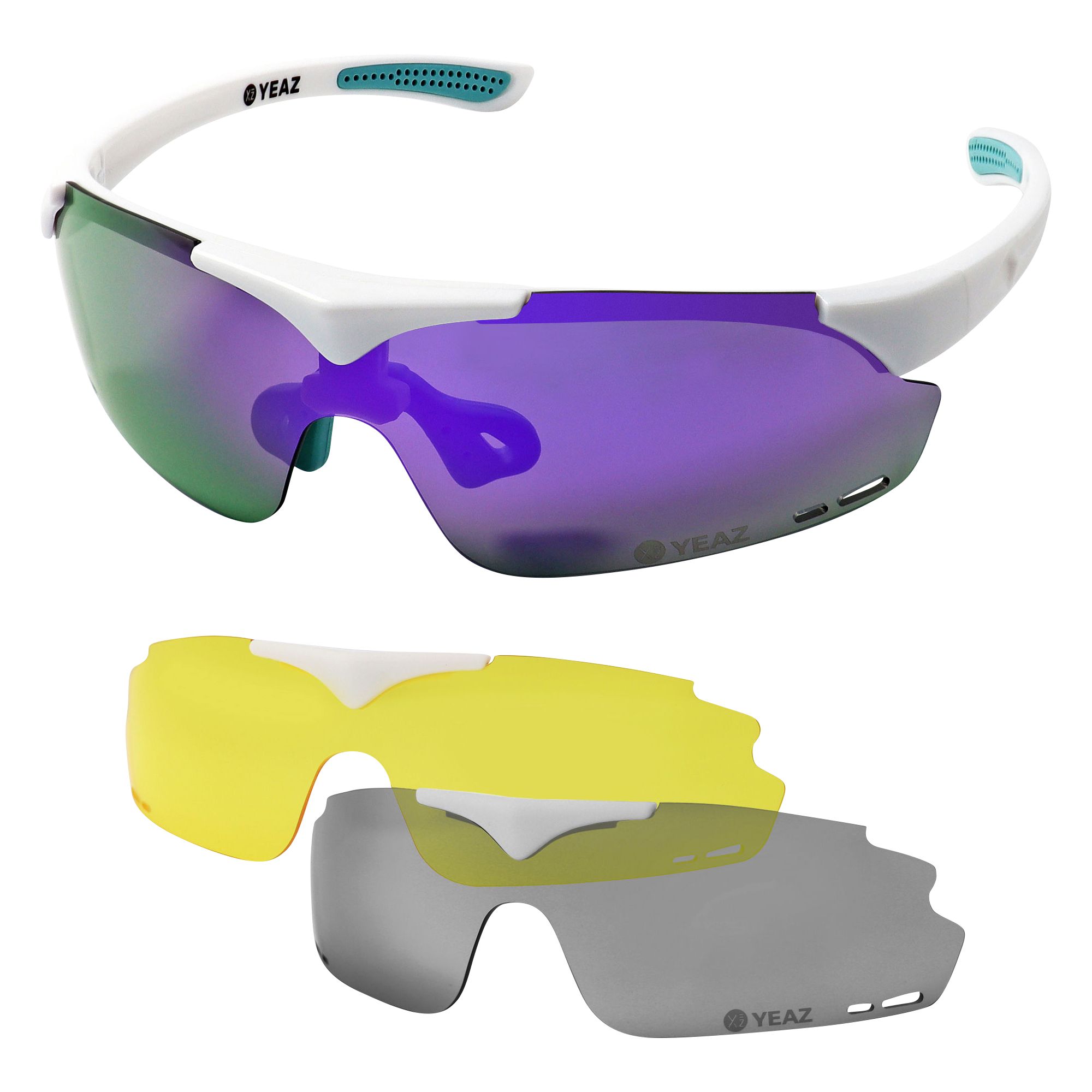 Occhiali sportivi bianchi con lenti a specchio viola e tre lenti intercambiabili: viola, gialla e grigia.