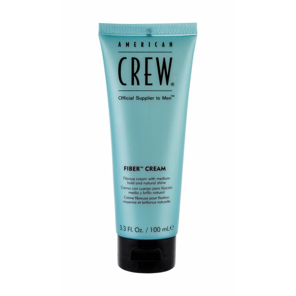 Tubo azzurro chiaro con tappo nero. Scritta: AMERICAN CREW, FIBER CREAM. Volume: 100 ml.