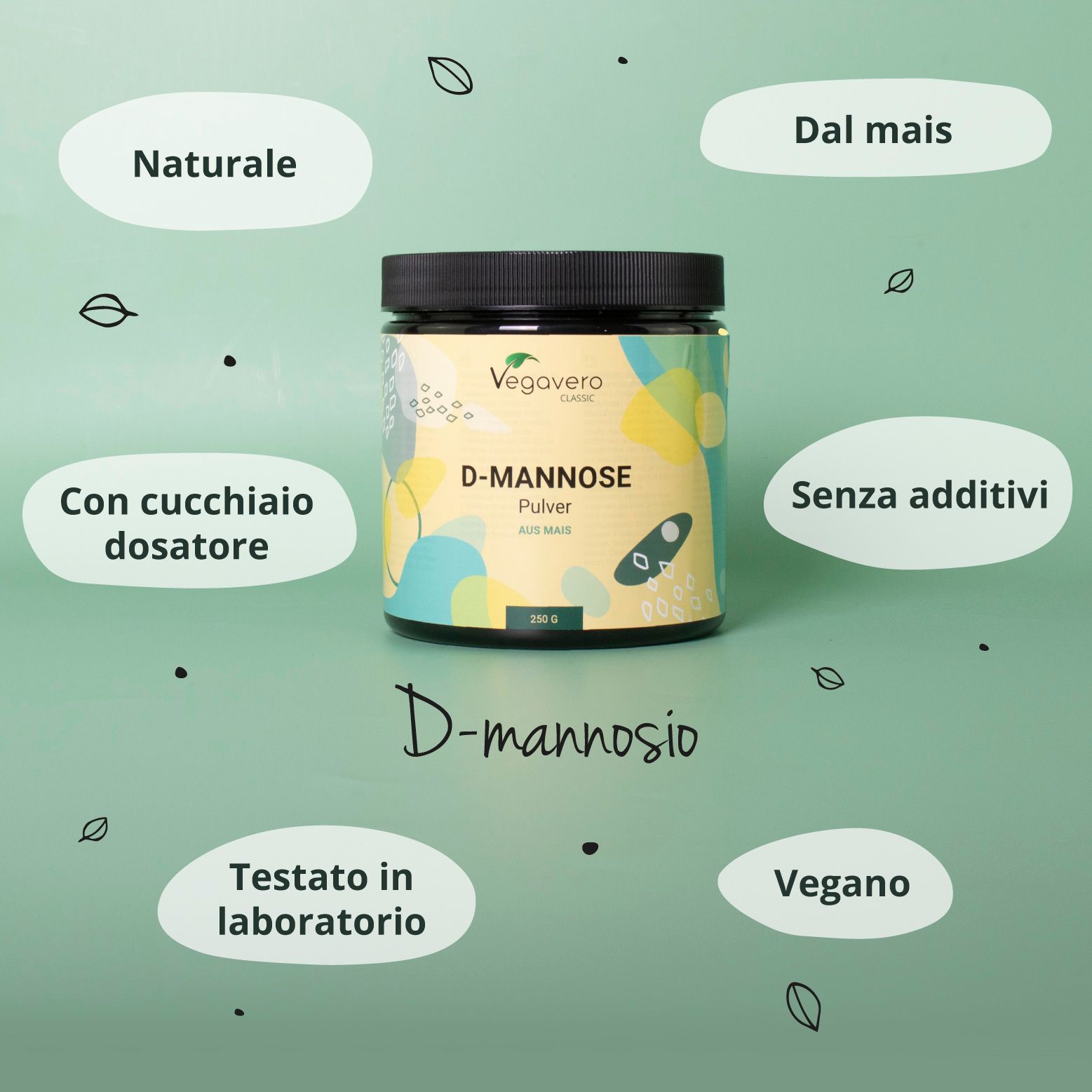 Barattolo D-Mannosio con testi: Naturale, Mais, senza additivi, con cucchiaio dosatore, testato in laboratorio, Vegano.