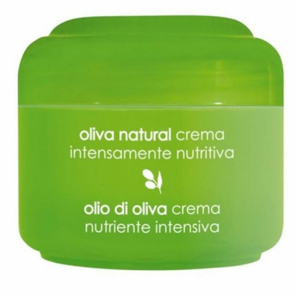 Vasetto verde con testo bianco. Testo: oliva natural crema intensamente nutritiva, olio di oliva crema nutriente intensiva.