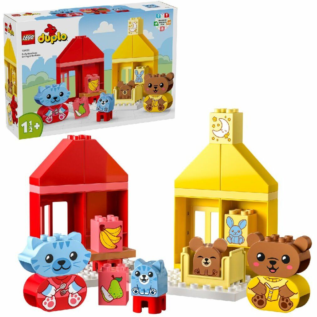 Set LEGO DUPLO con edifici rossi e gialli, personaggi e accessori. Prodotto e confezione affiancati.