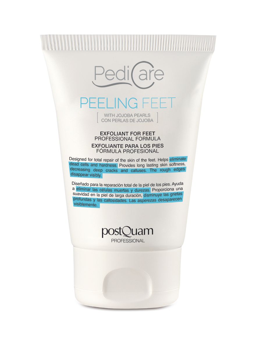 Tubo bianco con testo blu. Scritta: PediCare Peeling Feet. Testo in inglese e spagnolo. Marchio: PostQuam Professional.