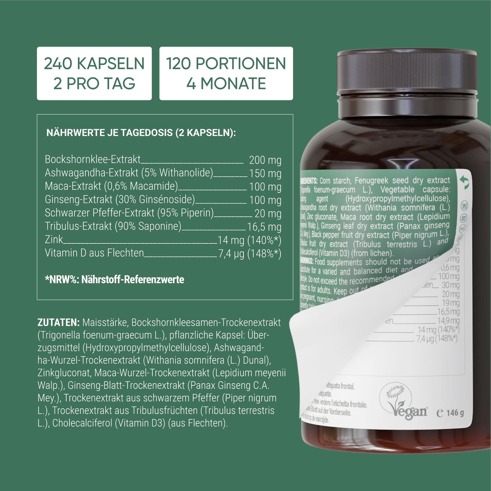 Nullure Testosterone – Maca Tribulus Fieno Greco Ashwagandha Ginseng, 4 mesi