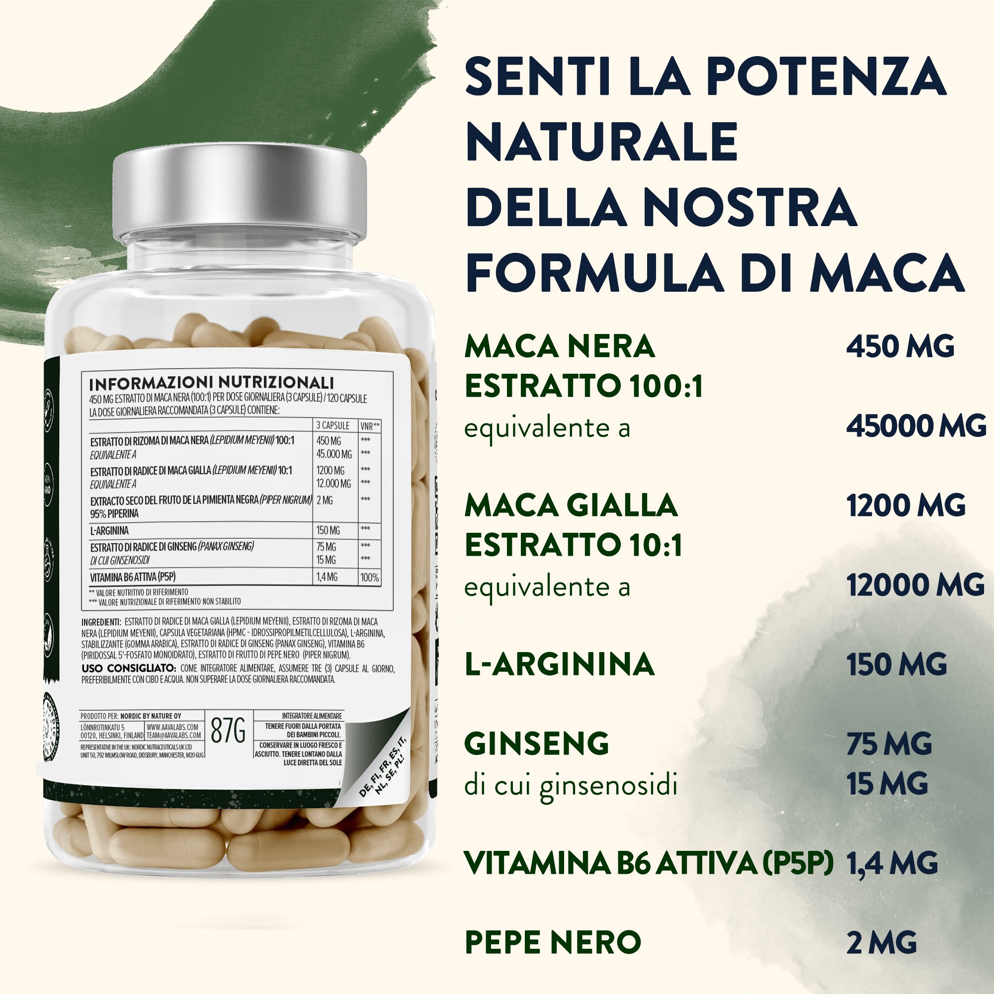Flacone con capsule e informazioni nutrizionali. Maca nera, maca gialla, L-arginina, ginseng.