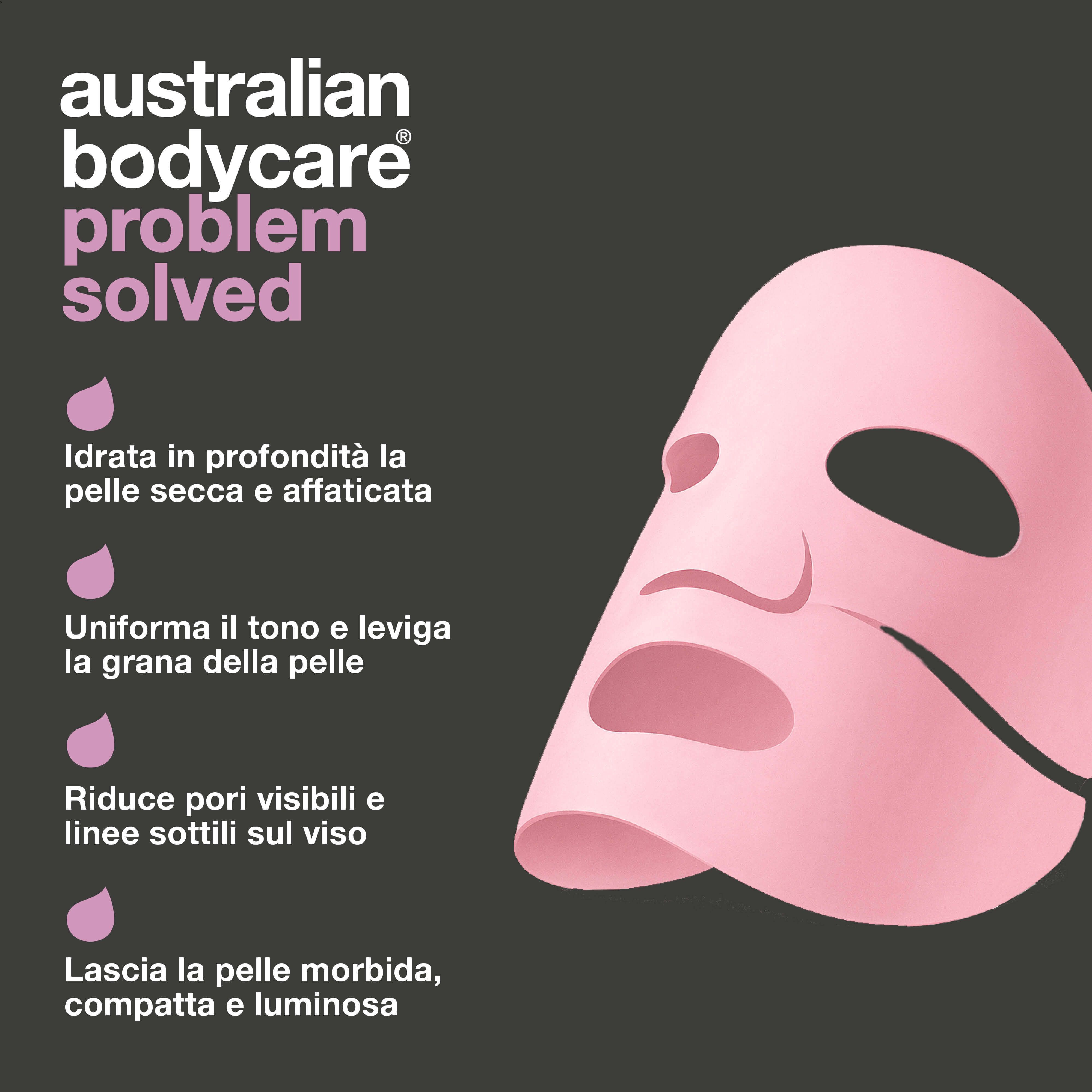Donna con maschera viso. Testo: Perché Australian Bodycare?, arricchito con ingredienti nutrienti, delicato.