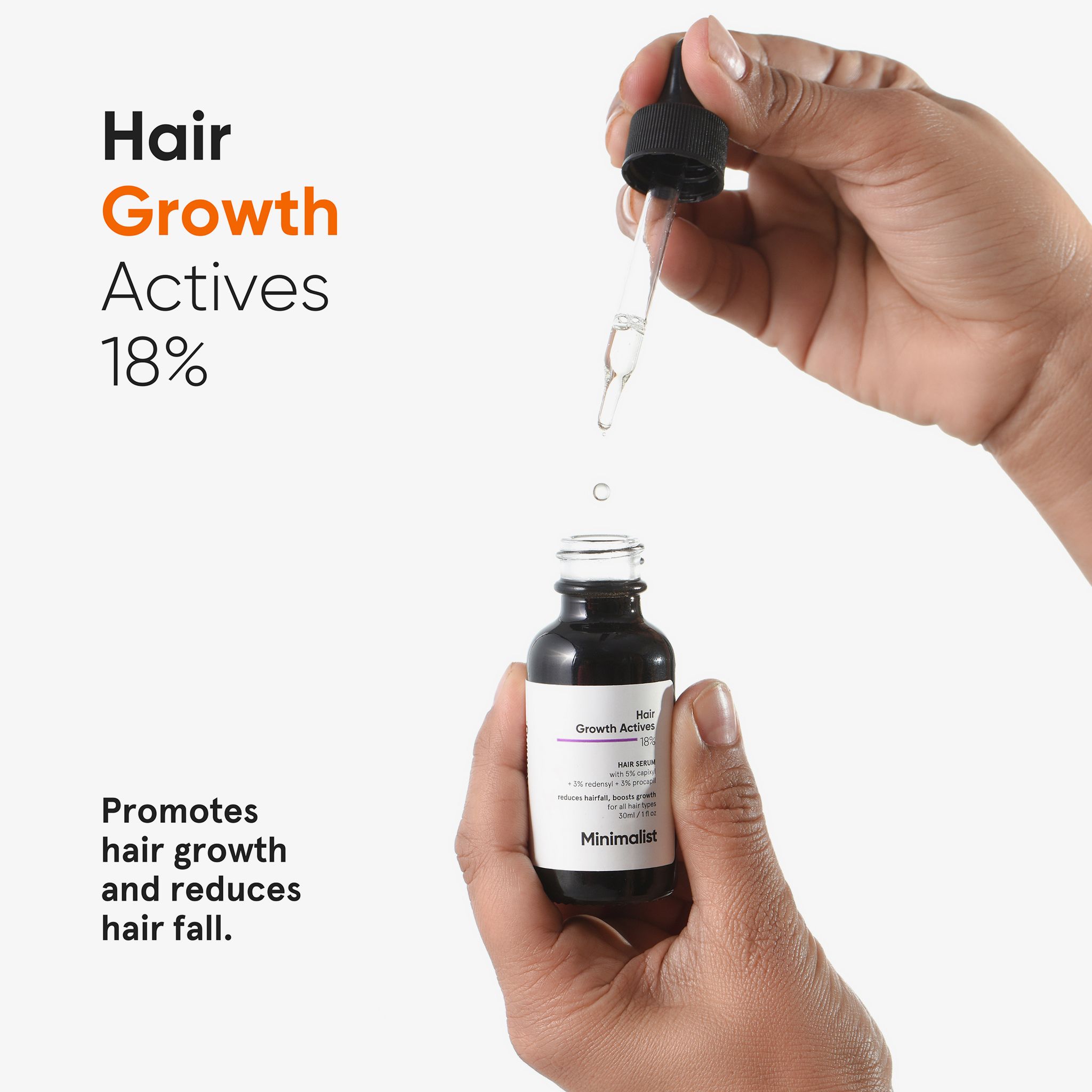 Mani che tengono un flacone di siero con contagocce. Testo: Hair Growth Actives 18%.