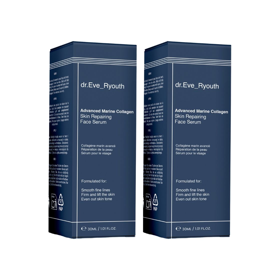Due scatole di siero. Scritta: dr.Eve_Ryouth, Advanced Marine Collagen Skin Repairing Face Serum. Confezione blu.