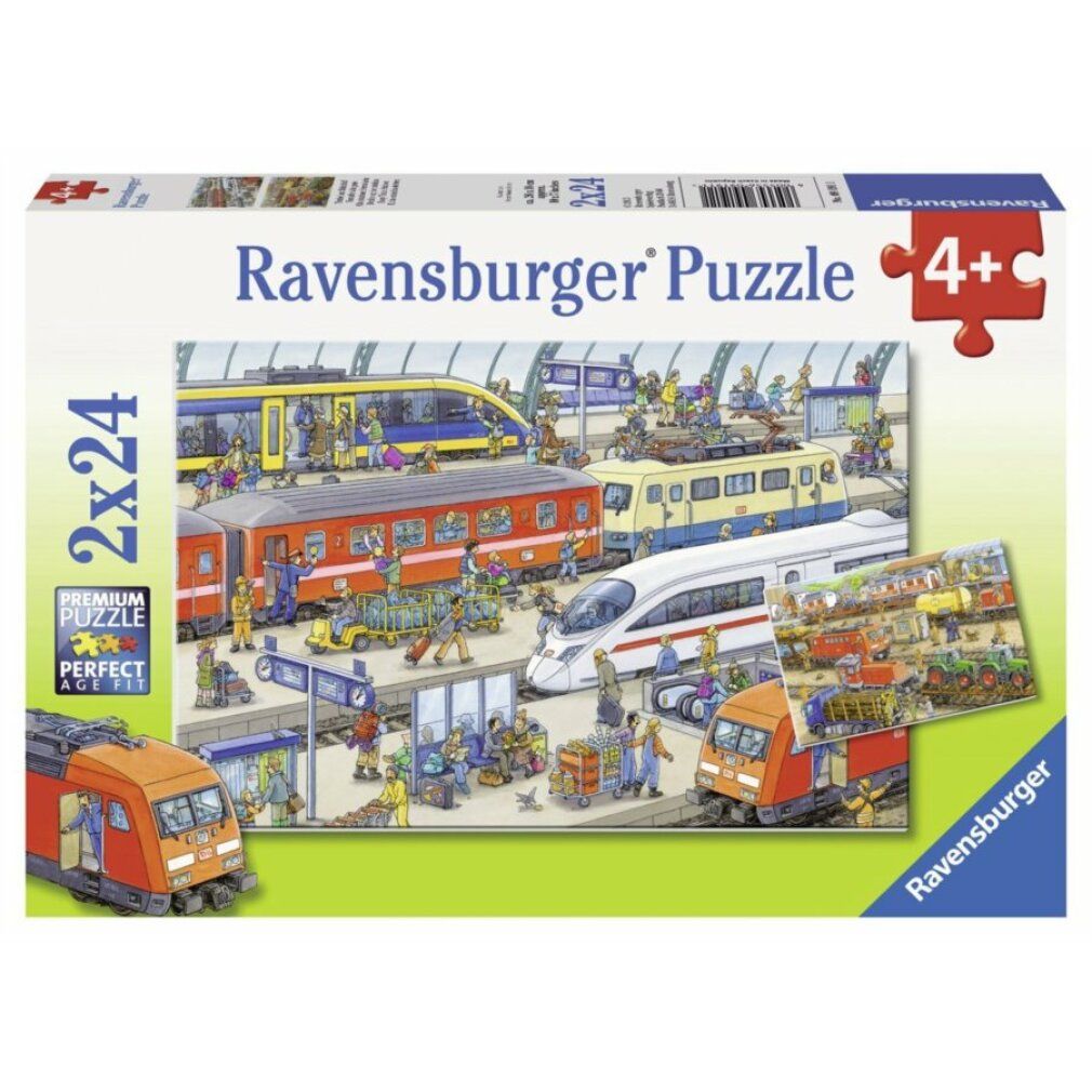 Scatola puzzle Ravensburger. 2x24 pezzi. Scena della stazione con treni e persone. Età consigliata 4+. Confezione.