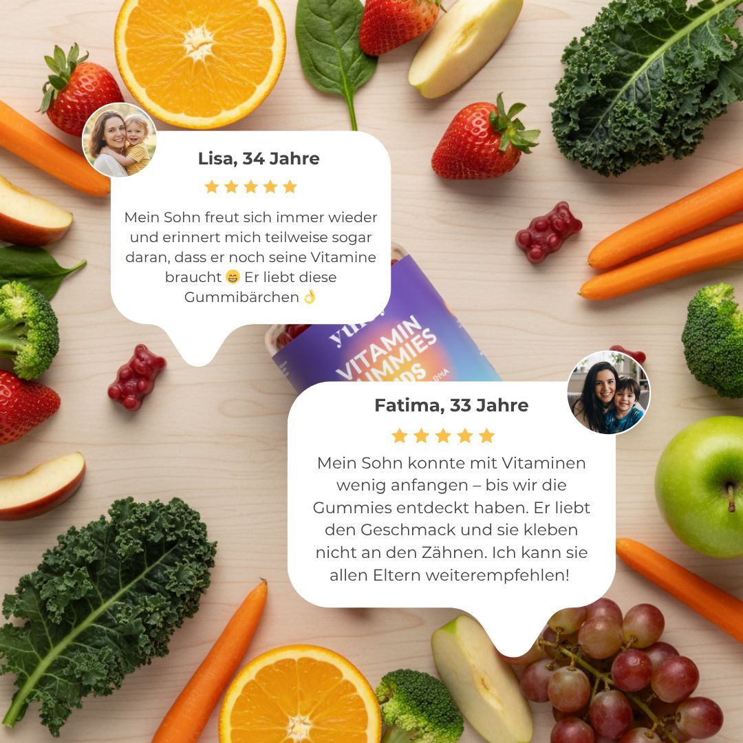 Vari frutti e verdure circondano una confezione di vitamine gommose. Due fumetti con testo. Scritta: yuicy Vitamin Gummies Kids.