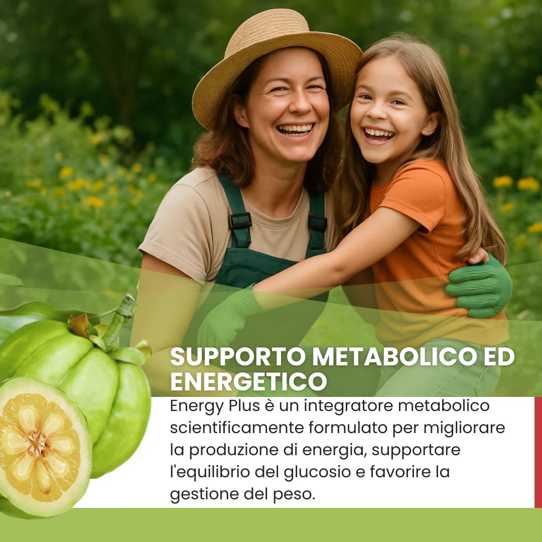 Donna e bambina ridono. Testo: Supporto Metabolico ed Energetico. Energy Plus è un integratore metabolico formulato scientificamente.
