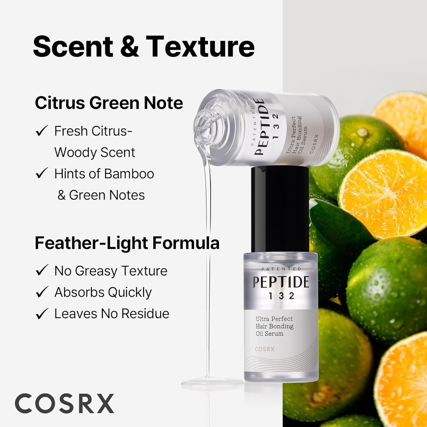 Siero COSRX Peptide 132 con agrumi, descrizione di profumo e consistenza.