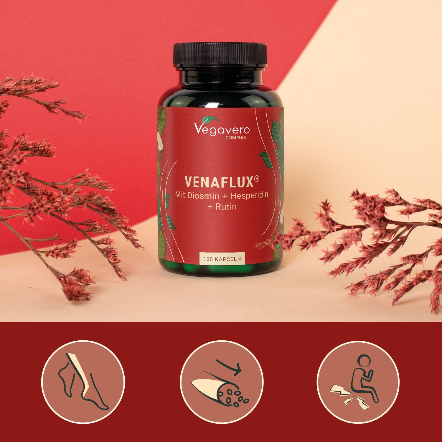 Flacone verde con tappo nero. Etichetta rossa con scritta bianca: Venaflux Complex. 120 capsule. Illustrazioni.