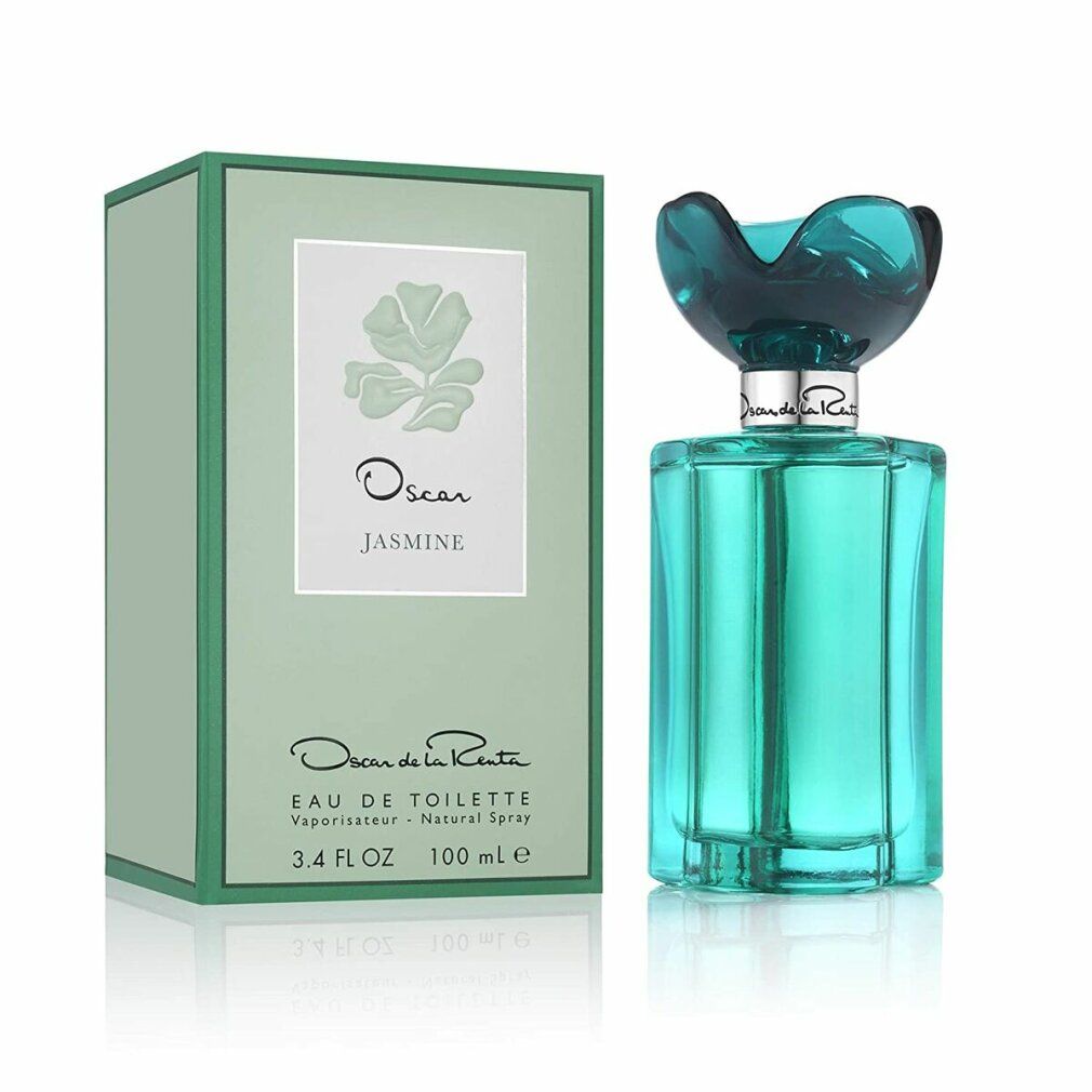 Profumo verde con tappo a forma di fiore e scatola verde. Scritta: Oscar, Jasmine, Eau de Toilette, 3.4 FL OZ, 100 ml e.