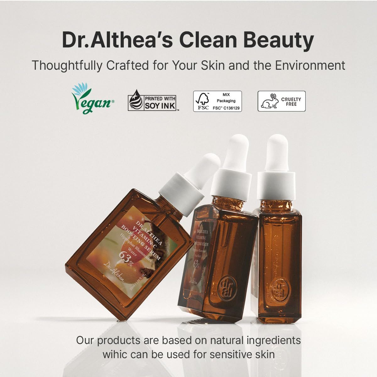 Tre flaconi di siero con pipette. Testo: Dr. Althea's Clean Beauty. Sigilli Vegan, FSC e Cruelty-Free.