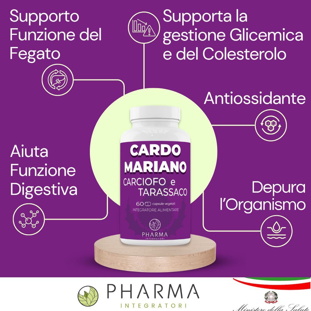 Integratore alimentare in capsule. Flacone con stampa del prodotto. Contiene cardo mariano, carciofo, tarassaco. Su base in legno.