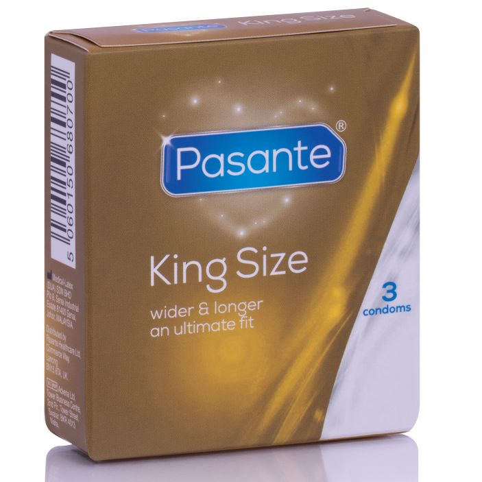 Confezione da 3 preservativi Pasante King Size, color oro con informazioni sul prodotto.