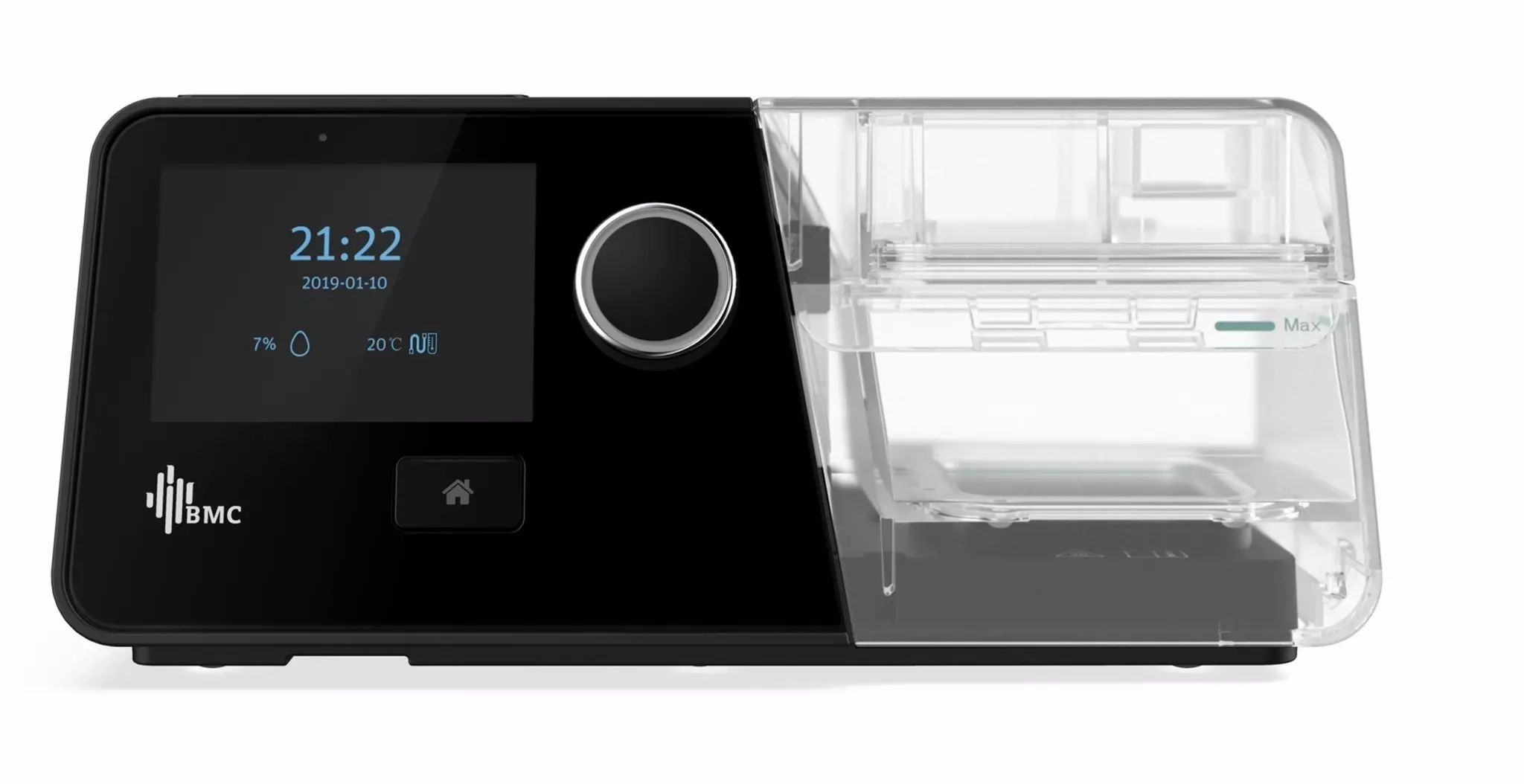 Dispositivo Auto-CPAP BMC G3 A20 nero con display, manopola e serbatoio dell'acqua. Mostra ora e data. Logo BMC.