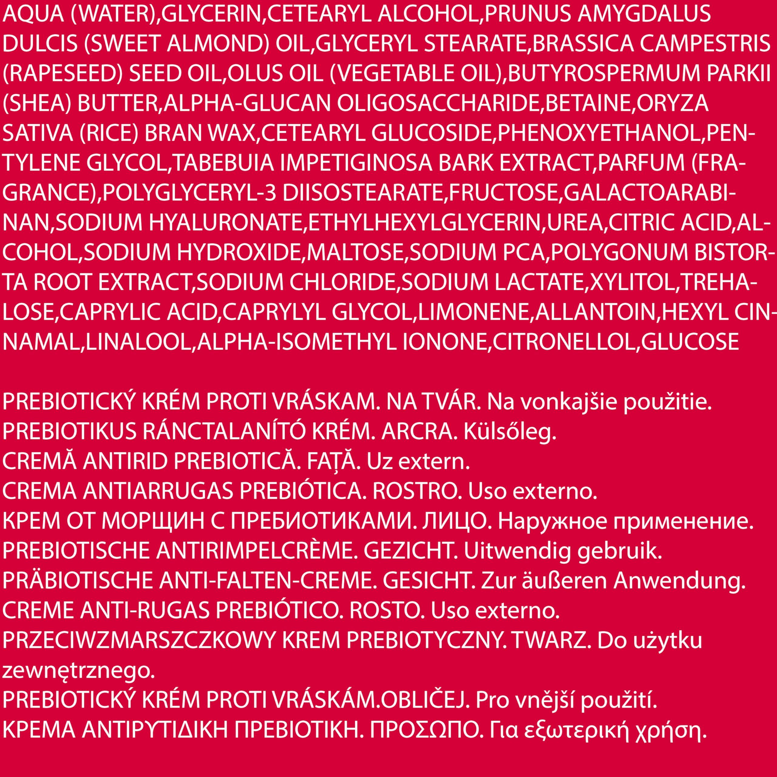 Testo su sfondo rosso. Elenco degli ingredienti e descrizioni dei prodotti in diverse lingue.