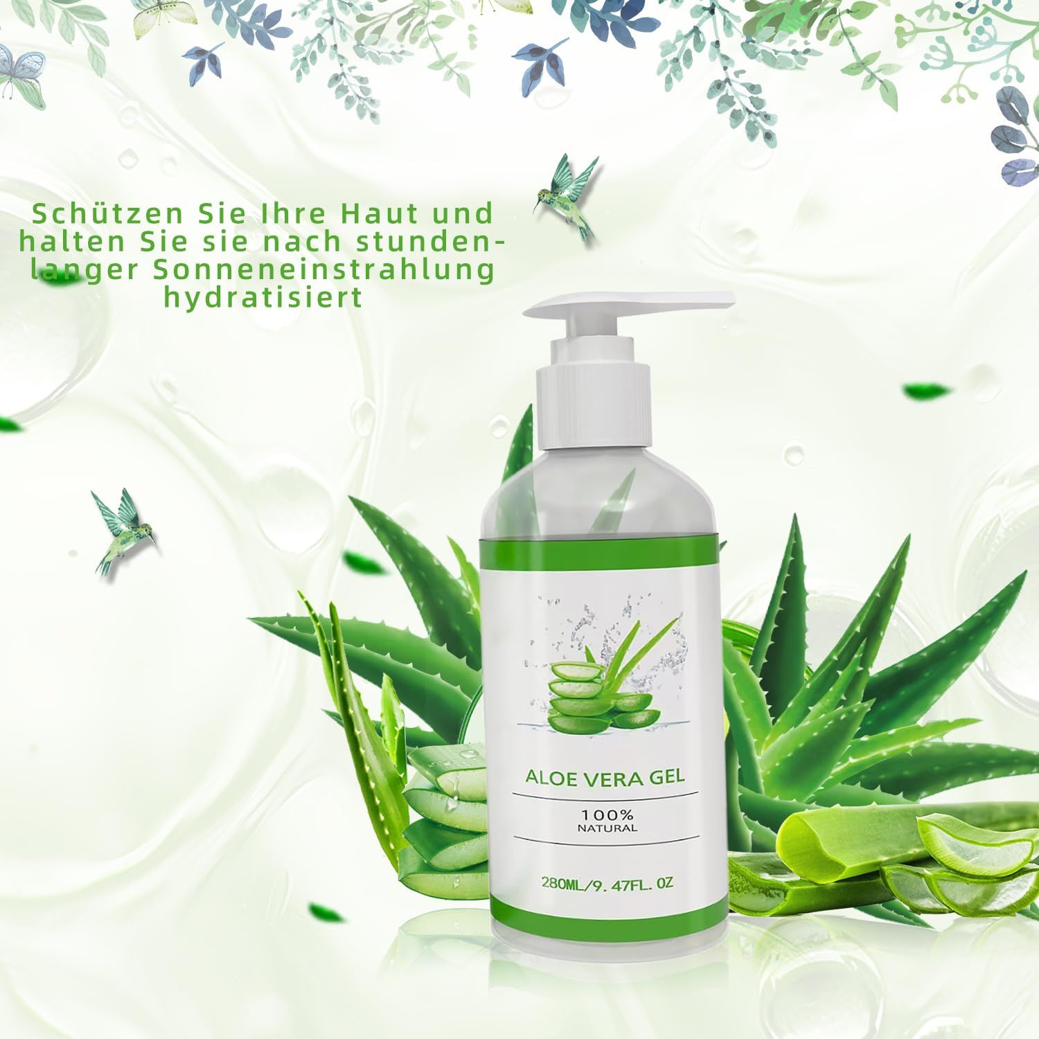 Flacone di gel di aloe vera con dispenser. Etichetta verde e bianca. Foglie di aloe vera sullo sfondo. Testo: Aloe Vera Gel, 100% Natural.