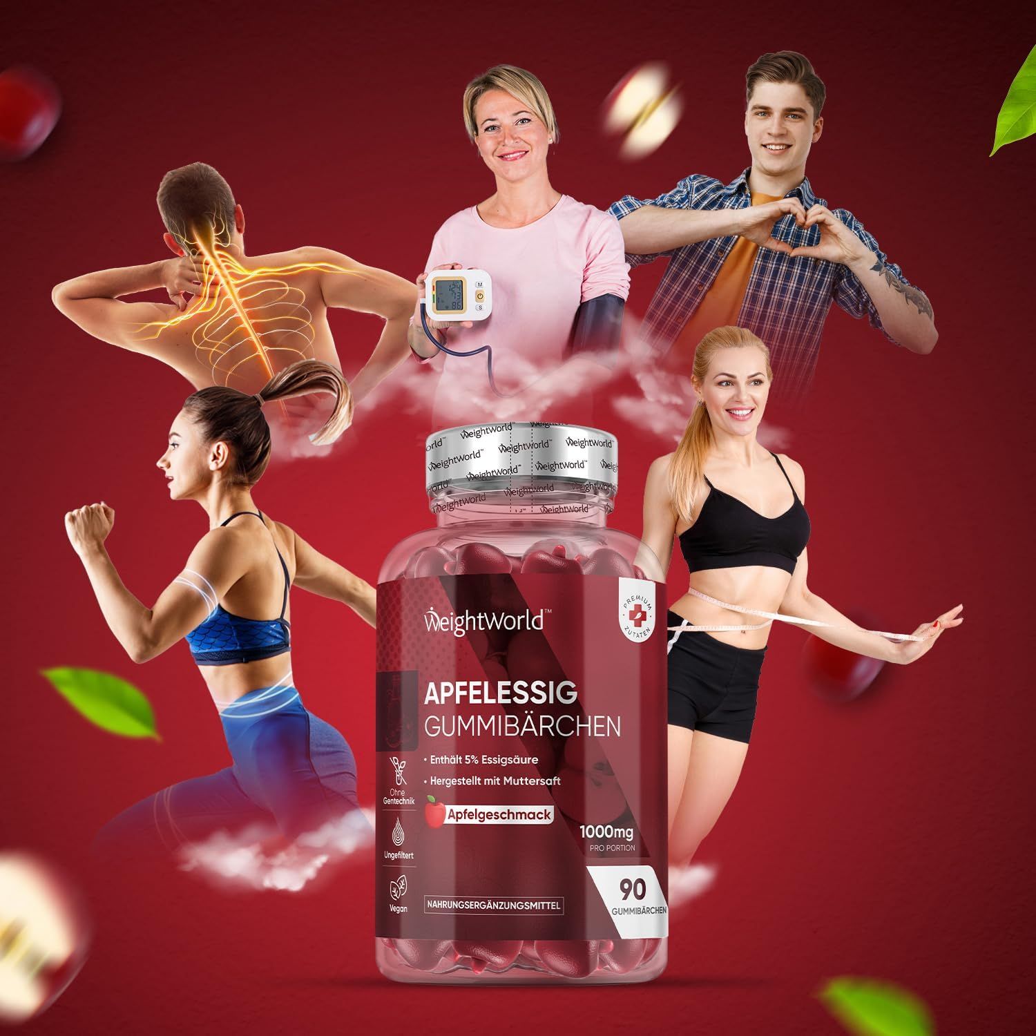 Flacone di prodotto con caramelle gommose, circondato da persone che fanno sport, mangiano sano e misurano la pressione sanguigna. Testo: Aceto di mele.