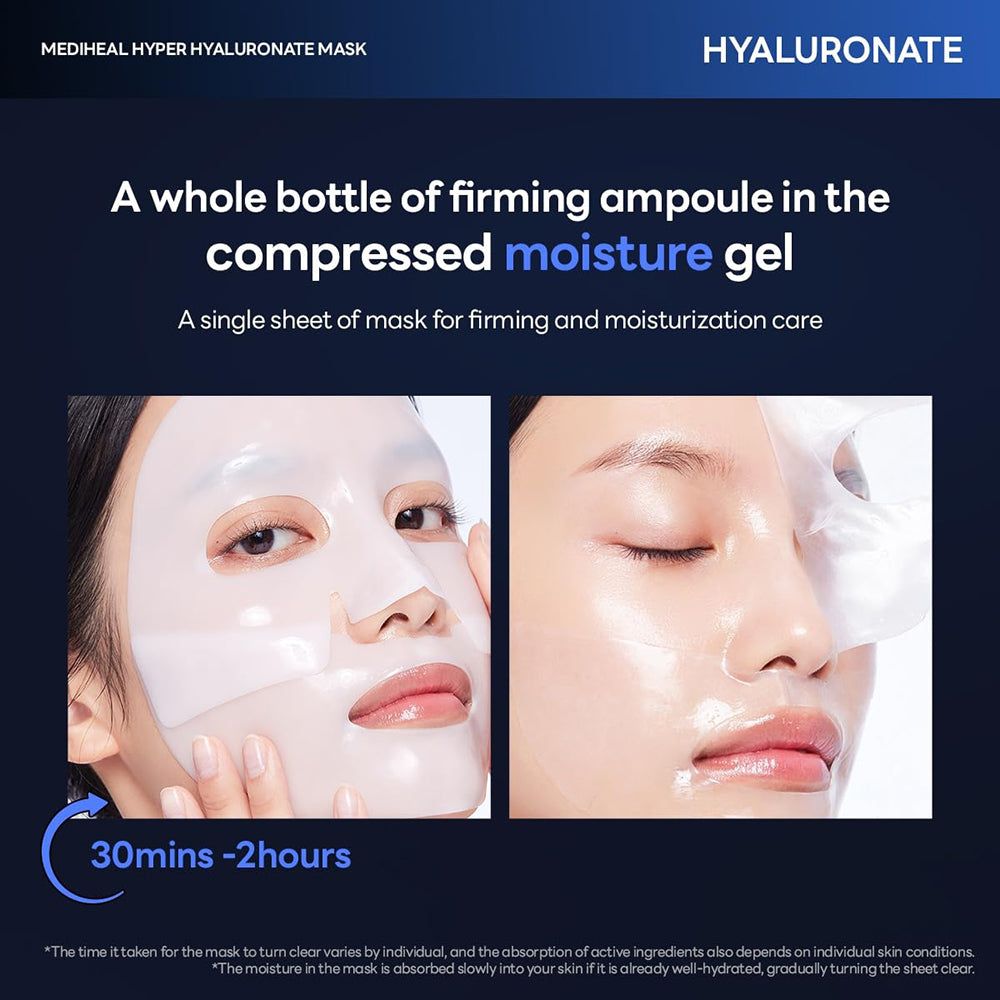 Due immagini di volti con maschere facciali. Testo: MEDIHEAL HYPER HYALURONATE MASK. Da 30 minuti a 2 ore.