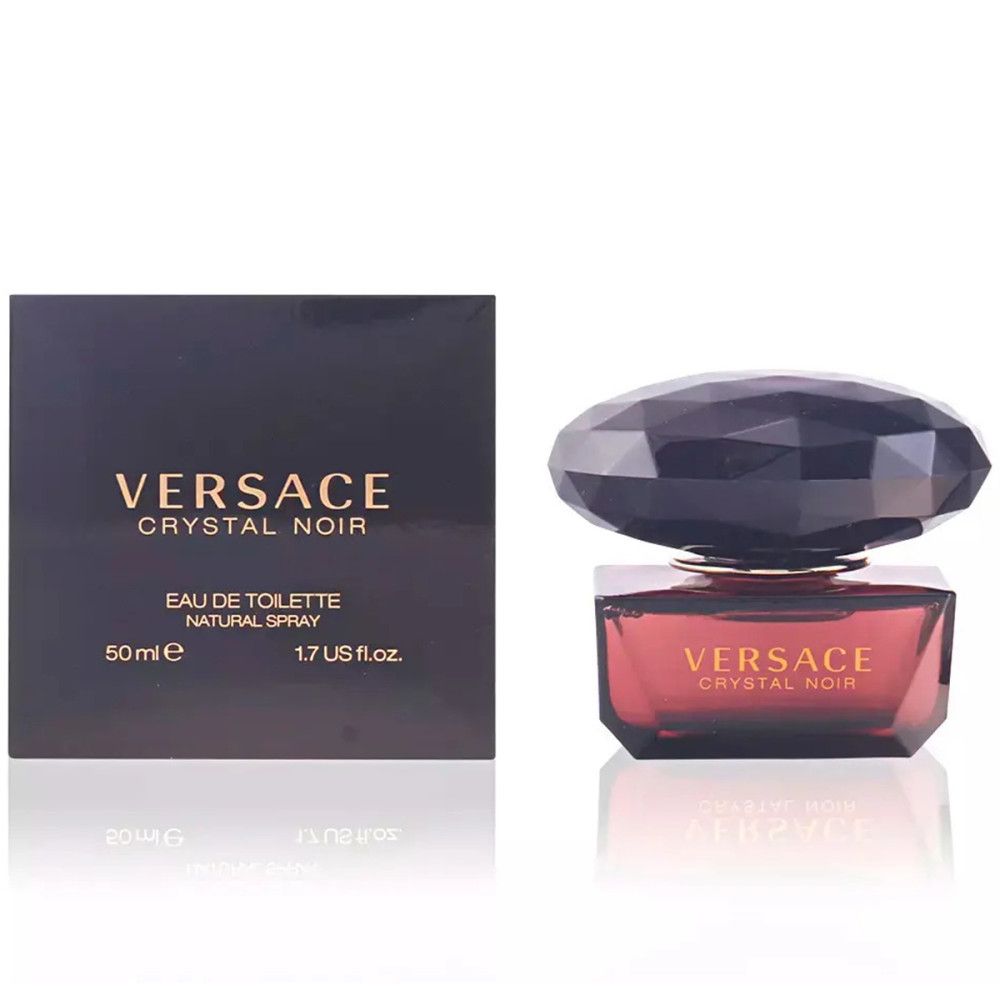 Flacone e scatola marrone scuro. Versace Crystal Noir sul flacone. Versace Crystal Noir Eau de Toilette sulla scatola.