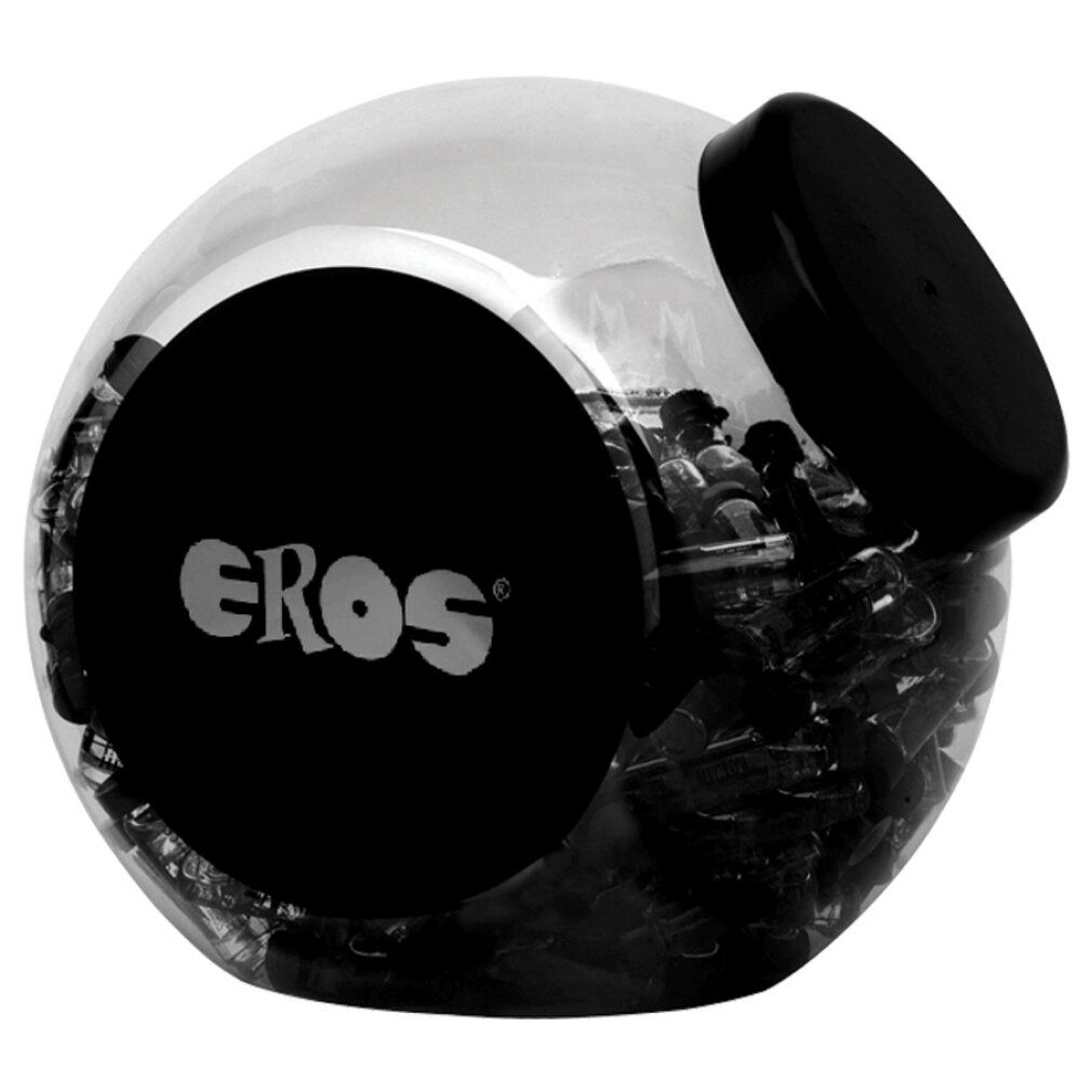 Contenitore rotondo trasparente con coperchio nero. Grande etichetta nera con scritta bianca "EROS". Contenuto non visibile.