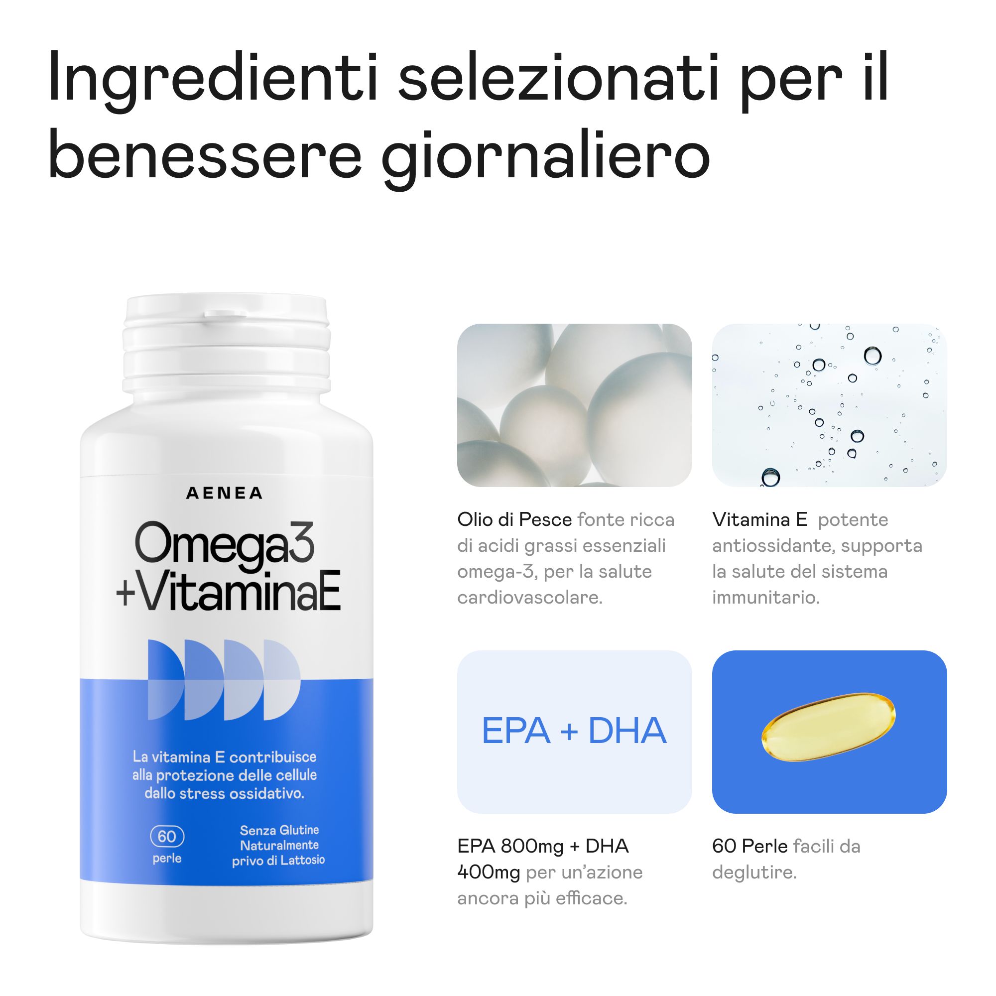 Aenea Omega 3 + Vitamina E. Flacone bianco con testo blu. Illustrato: Olio di pesce, vitamina E, EPA + DHA, 60 perle.