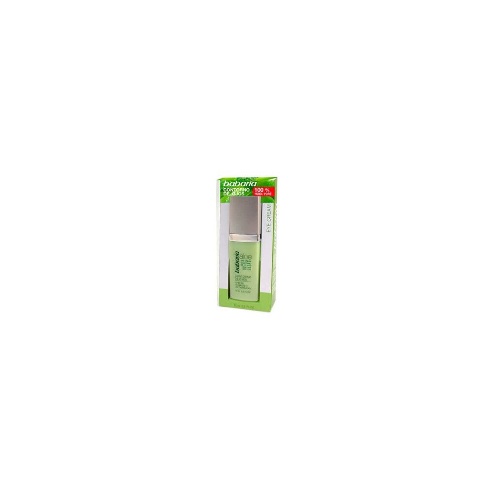 Flacone di crema per occhi in una scatola. Scritta: Babaria, Contorno de Ojos. 15 ml. Verde e argento.